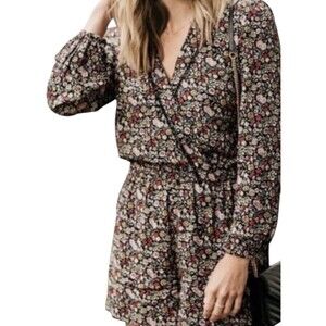 Loft Shorts Romper Large Black Floral Defined Waist Long Sleeve V-Neck Casual